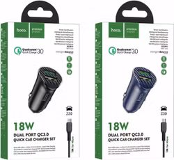 Hoco Z39 - Farsighted dual port QC3.0 Fast Car charger and Cable (Total 18W - 1M) - Micro-USB For Samsung Huawei Xiaomi Oppo - Blue