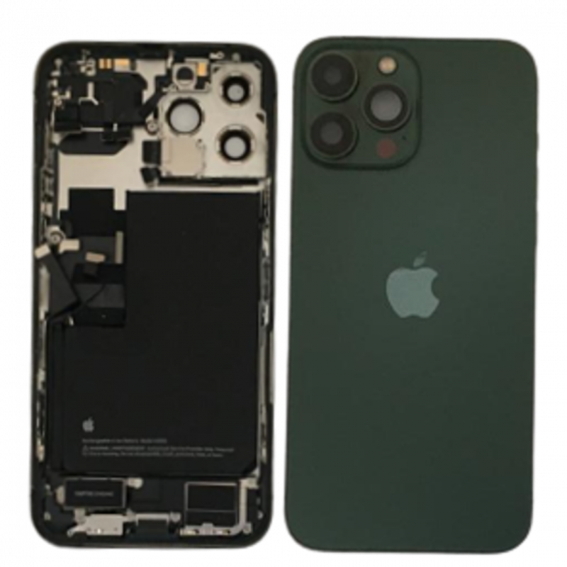 iPhone 13 Pro Max baksida grön med batteri laddkontakt och små delar