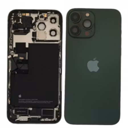 iPhone 13 Pro Max baksida grön med batteri laddkontakt och små delar