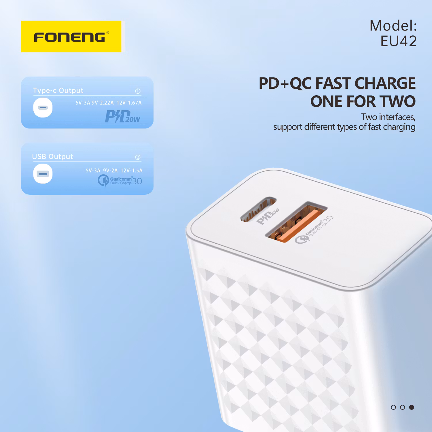 Foneng Wall charger EU42 GaN - USB + Type C - PD 20W 3A white