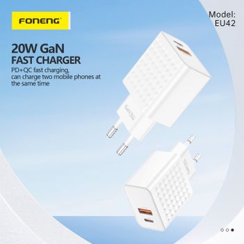 Foneng Wall charger EU42 GaN - USB + Type C - PD 20W 3A white