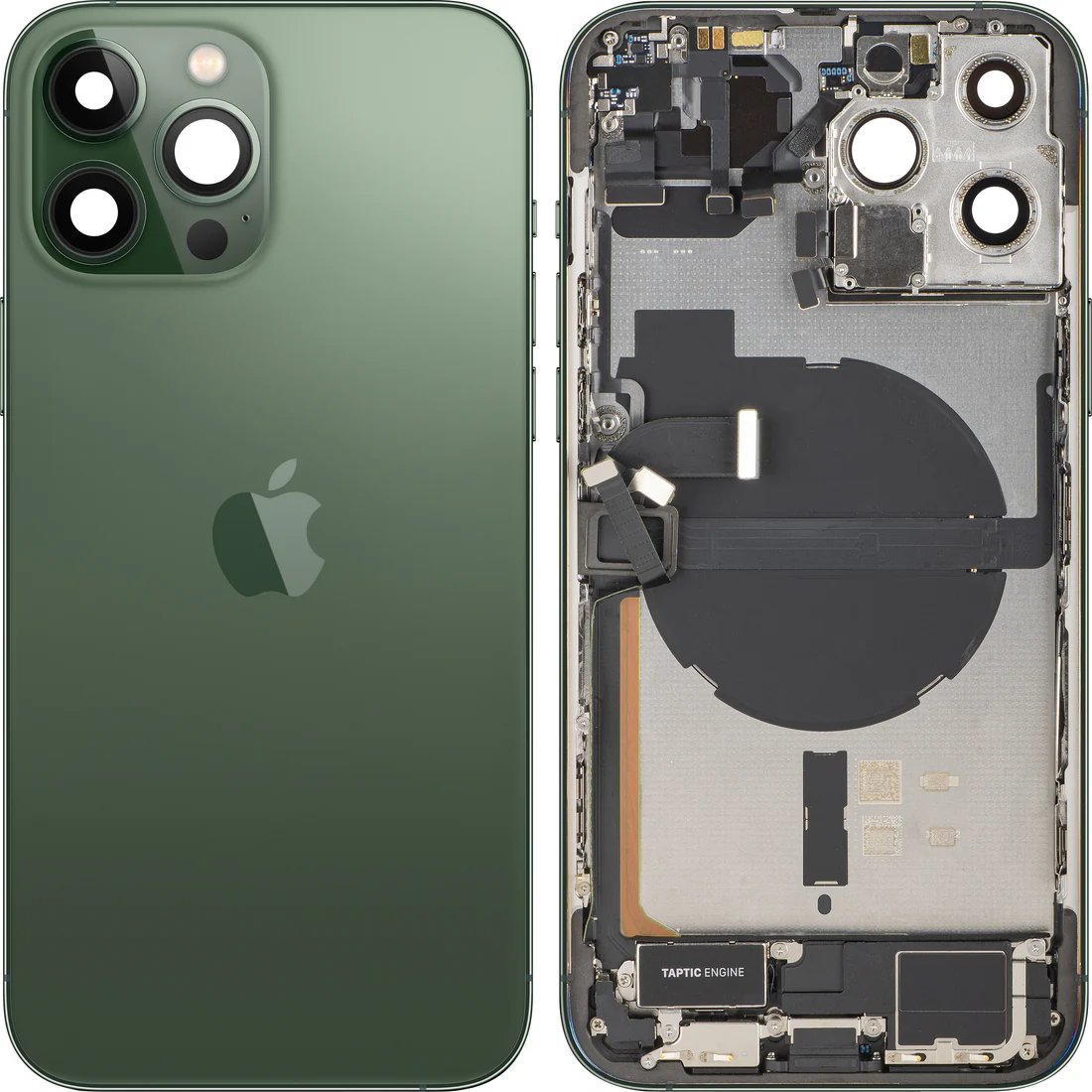 iPhone 13 Pro Max baksida grön med batteri laddkontakt och små delar