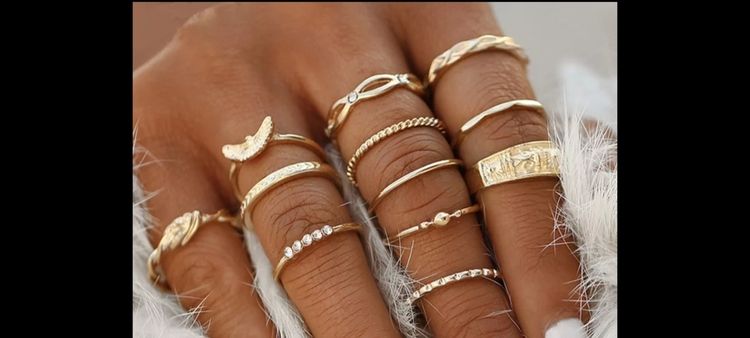 12-pack Guld Ringar -  Vita Rhinestones i Olika Mönster