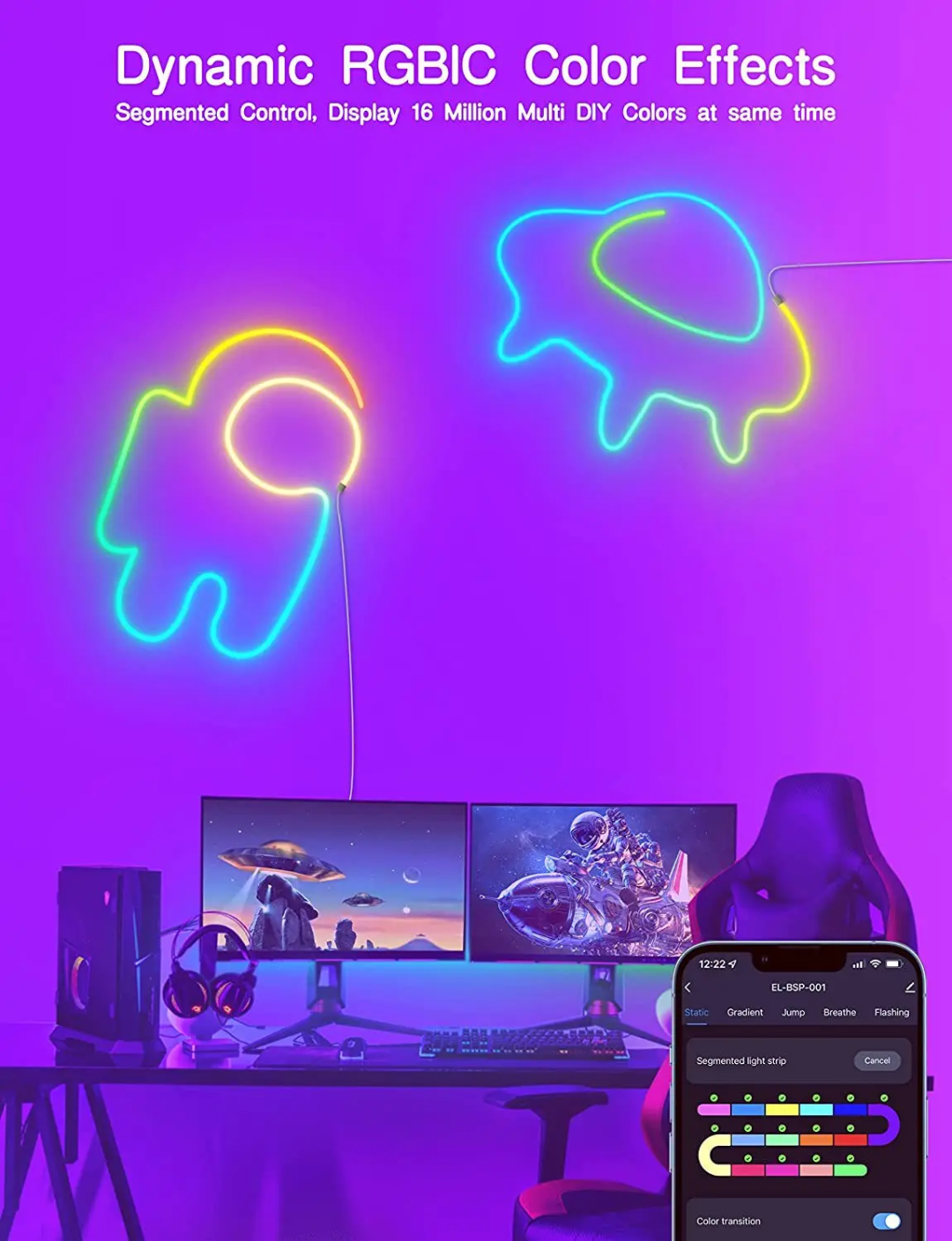 Neon RGB list, WiFi App styrning, färg musiksynkronisering, IP67 - 5M
