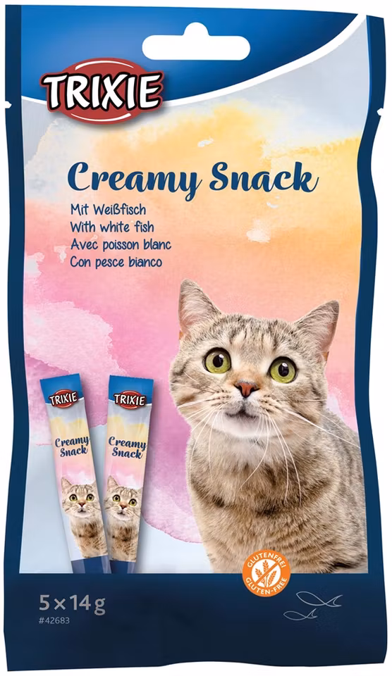 Creamy Snacks till katt. Med vitfisk, 5 × 14 g
