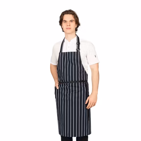 Randigt mörkblått förkläde med vita ränder | Dennys London