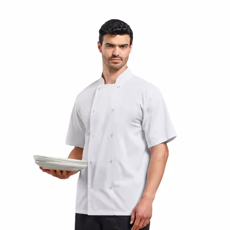 Kortärmad kockjacka med mandarinkrage och tryckknappar i metall | Premier