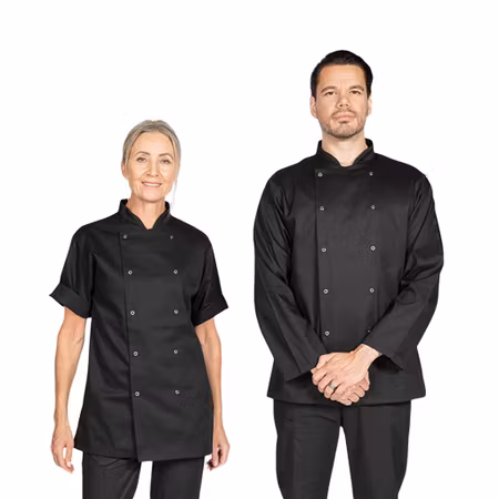 Kortärmad kockrock med mandarinkrage och tryckknappar | Dennys London