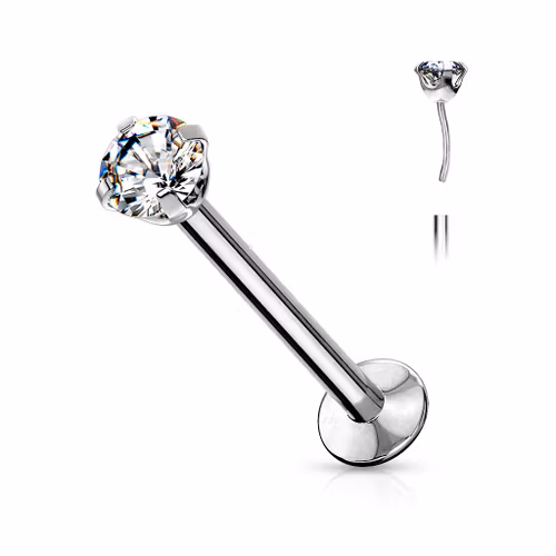 Threadless labret i 316L kirurgiskt stål 1.0mm med push-pin prong-set CZ