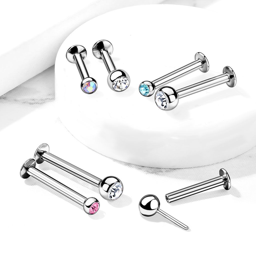 Threadless labret i 316L kirurgiskt stål 1.2mm med crystalkula