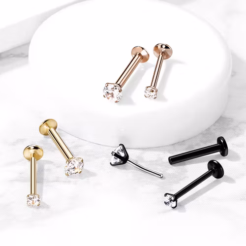 Threadless labret i PVD 316L kirurgiskt stål 1.0mm med 3mm push-pin "prong-set" CZ