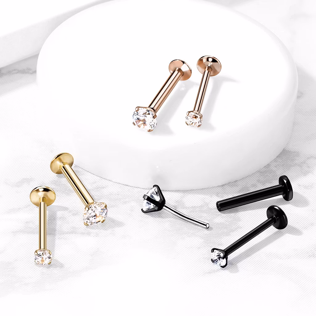 Threadless labret i PVD 316L kirurgiskt stål 1.2mm med 3mm push-pin "prong-set" CZ