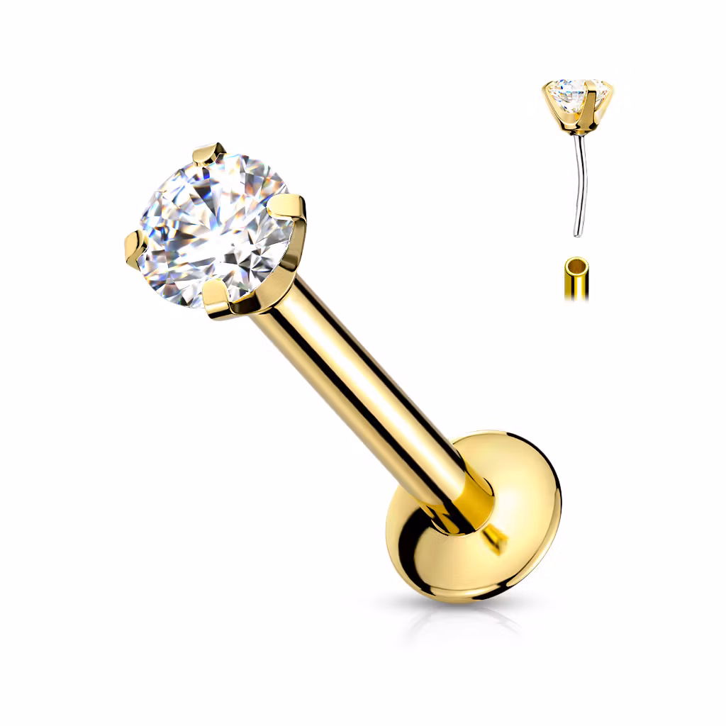 Threadless labret i PVD 316L kirurgiskt stål 1.2mm med 3mm push-pin "prong-set" CZ