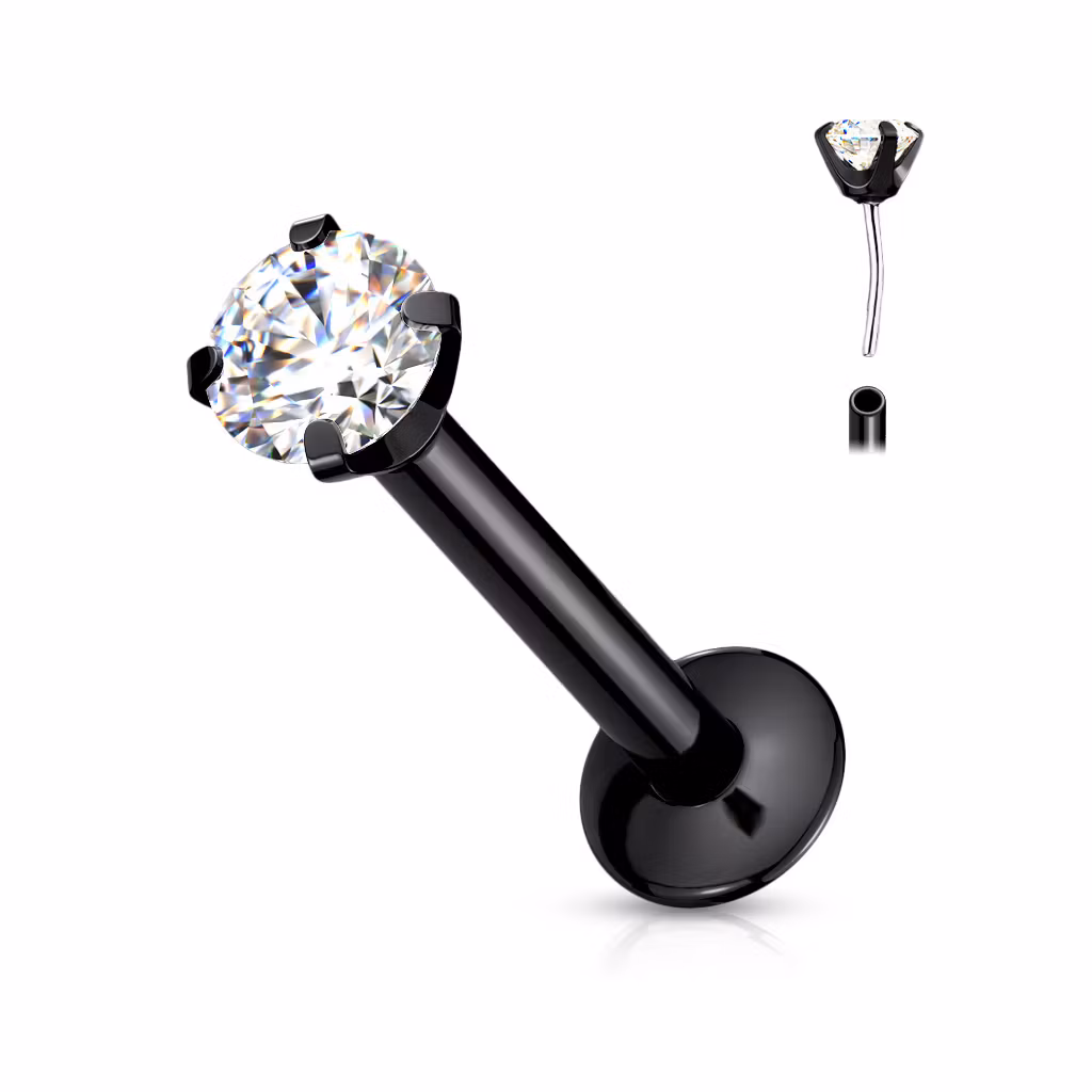 Threadless labret i PVD 316L kirurgiskt stål 1.2mm med 3mm push-pin "prong-set" CZ