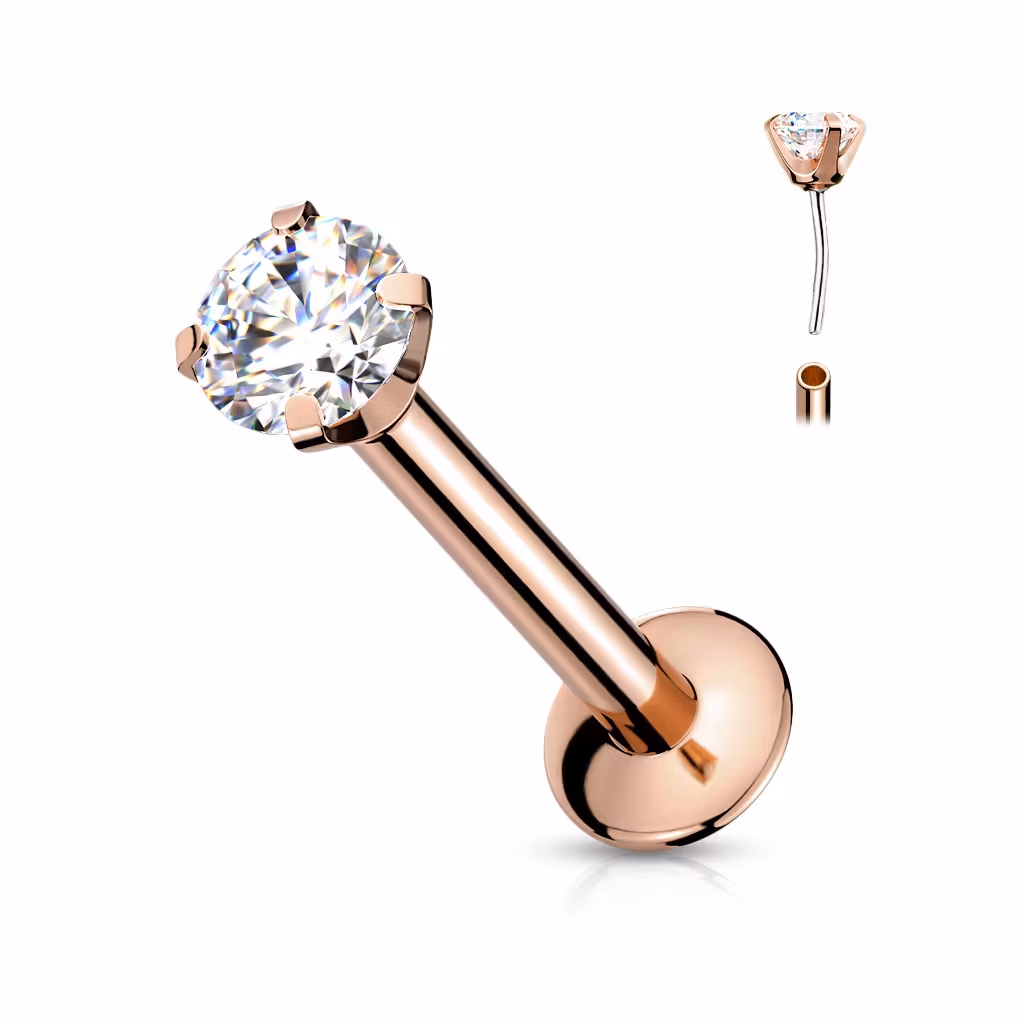 Threadless labret i PVD 316L kirurgiskt stål 1.2mm med 3mm push-pin "prong-set" CZ