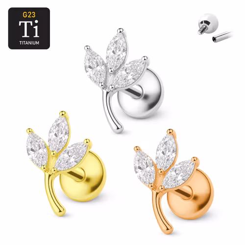 Titanium labret 1.2mm - löv med navettslipad cubic zirconia