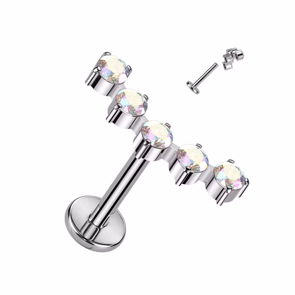 Labret i titanium 1.2mm - Böjd topp med 5st cubic zirconia