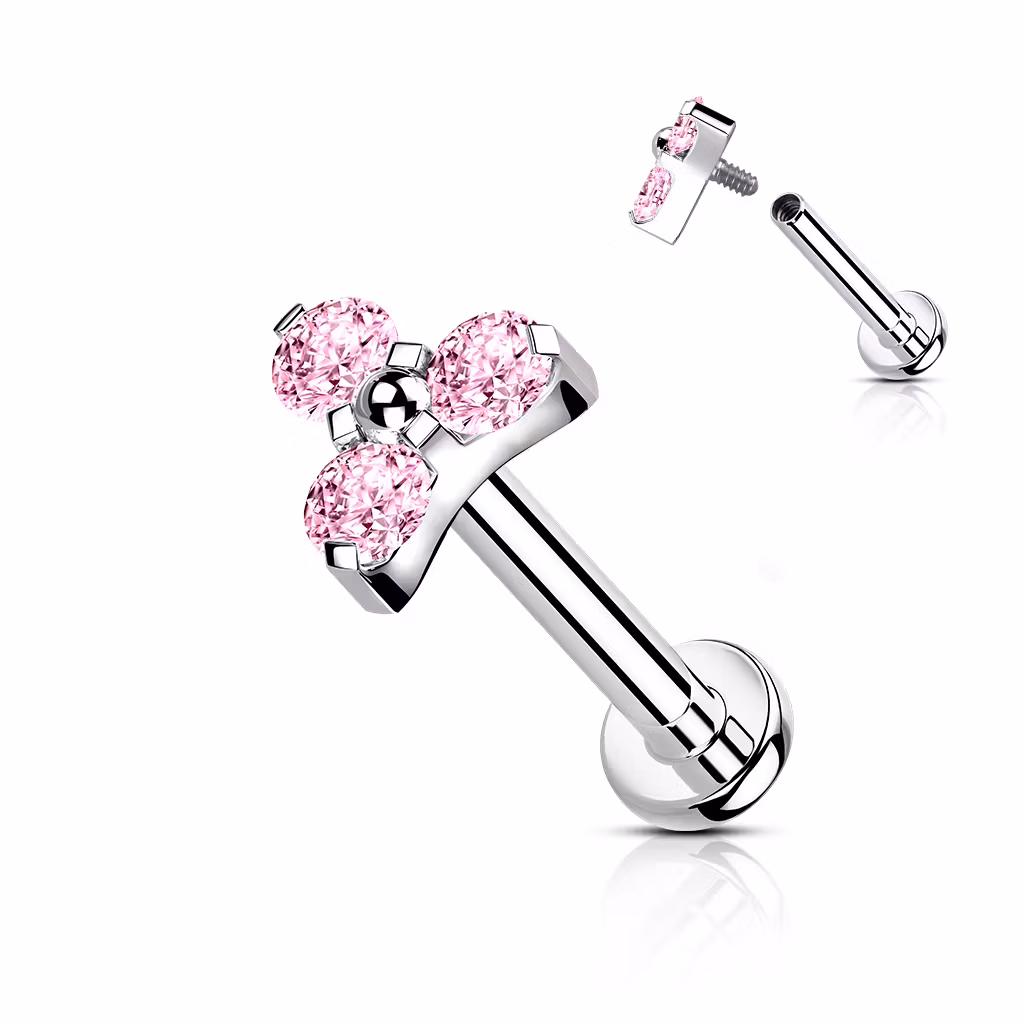 Labret i titanium 1.2mm - Treenighet med rosa cubic zirconia (8mm)