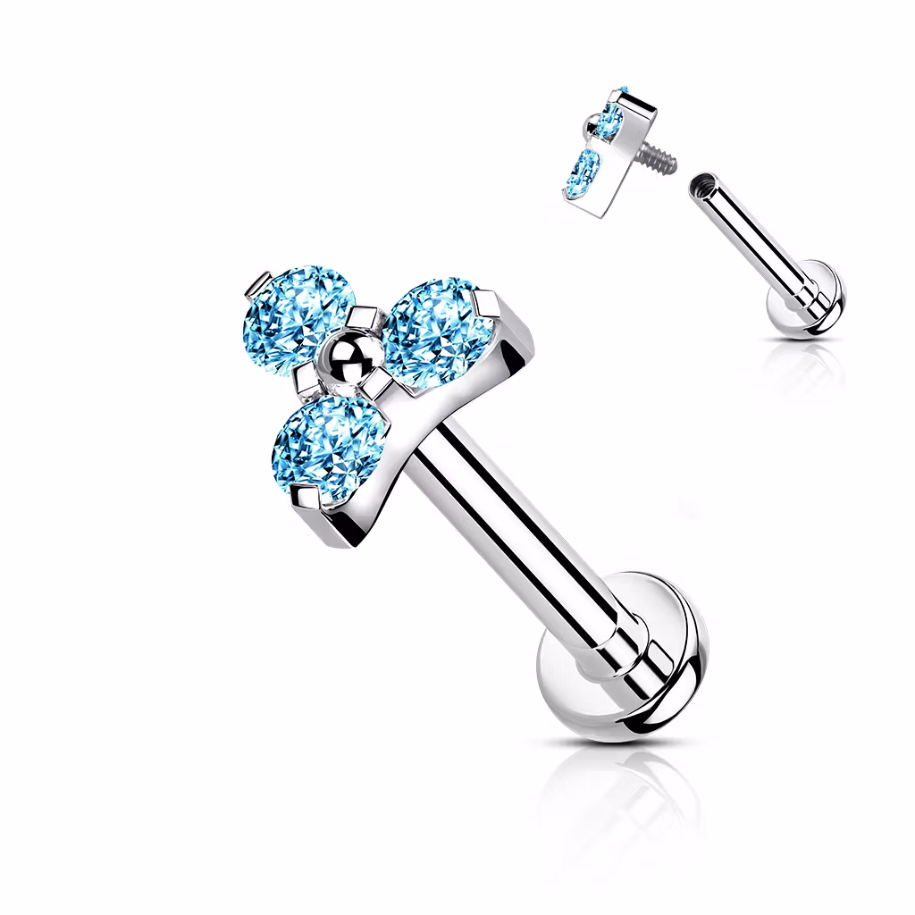 Labret i titanium 1.2mm - Treenighet med aquamarine cubic zirconia (8mm)