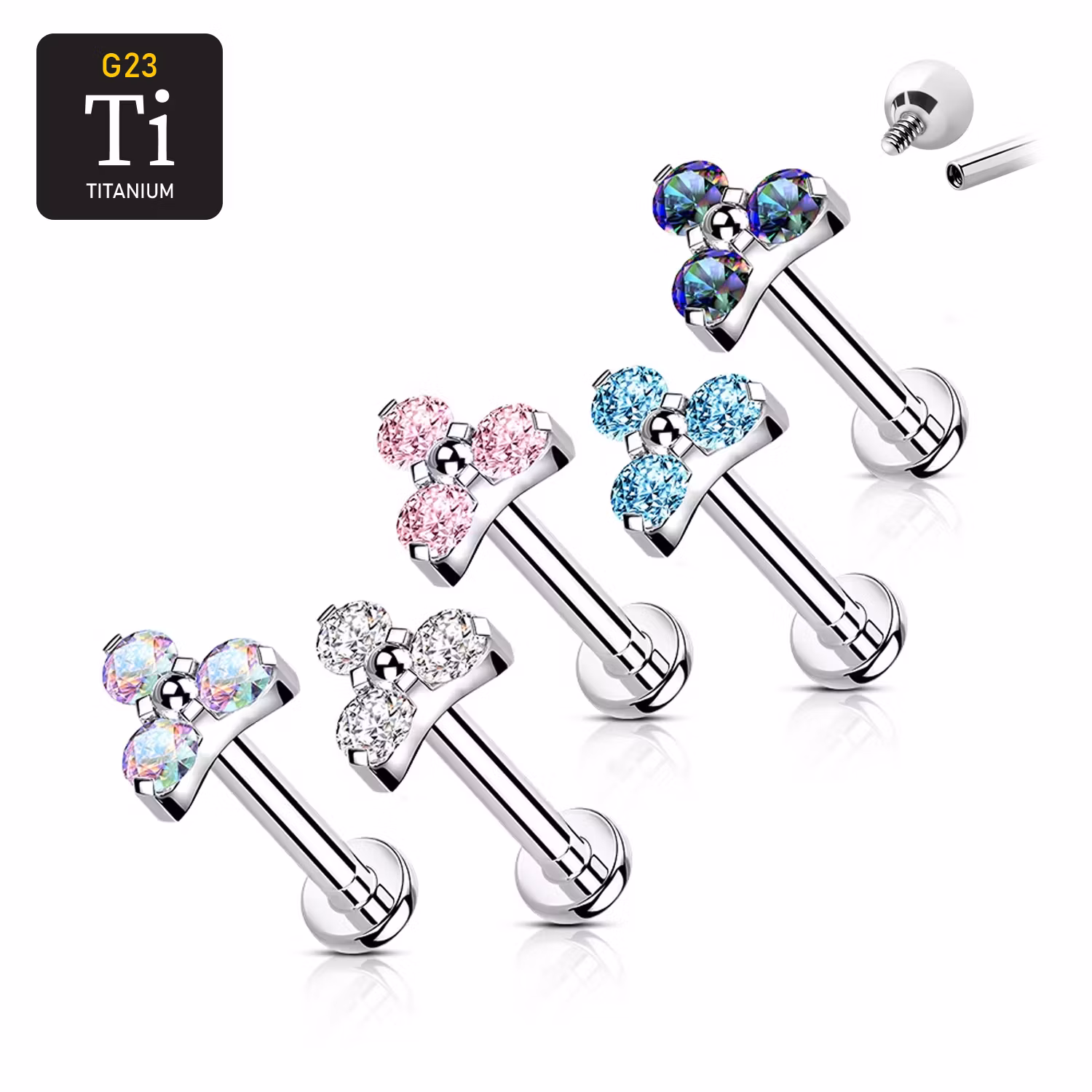 Labret i titanium 1.2mm - Treenighet med vitrail medium cubic zirconia (8mm)