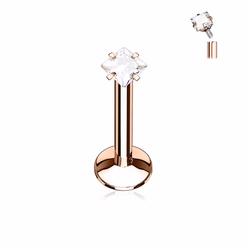 Labret i roséguldpläterad kirurgiskt stål 1.2mm med fyrkantig 2mm cubic zirconia