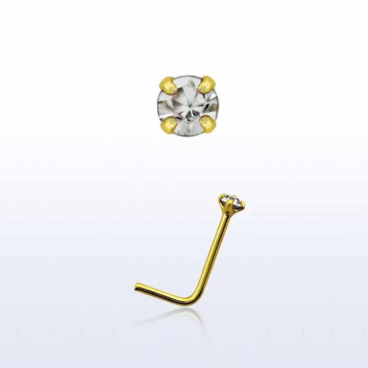 Näspin i 925 silver med guldplätering L-böjd med 1.5mm "prong-set" klar sten