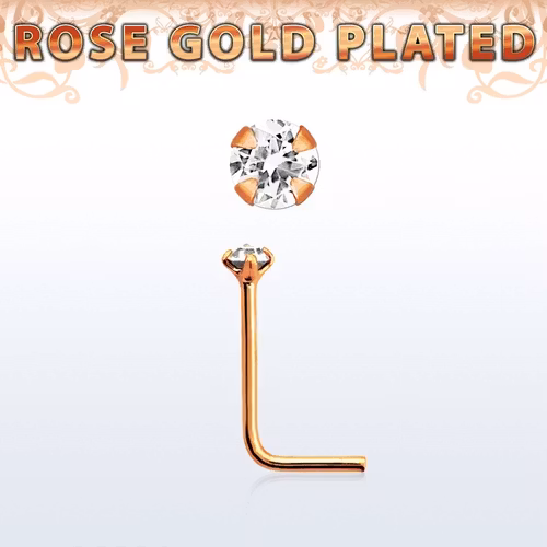 Näspin 0.6mm i roséguldpläterad 925-silver L-böjd med 1.5mm "prong-set" CZ