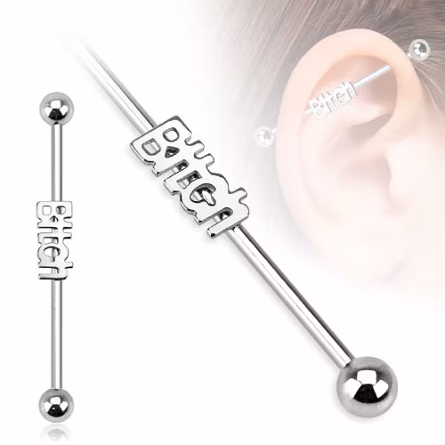 Industrial Barbell 1.6mm med 5mm kulor och text "BITCH"