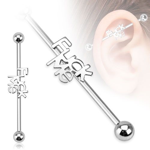 Industrial Barbell 1.6mm med 5mm kulor och text "Fuck me"