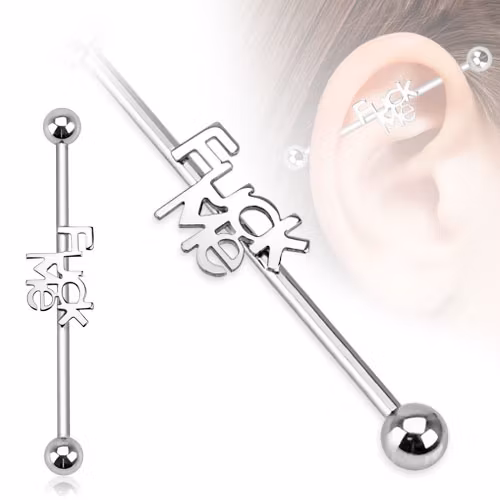 Industrial Barbell 1.6mm med 5mm kulor och text "Fuck me"