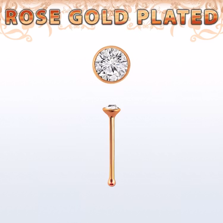 Näspin 0.6mm i roséguldpläterad 925-silver "nose bone" med 1.5mm klar crystal