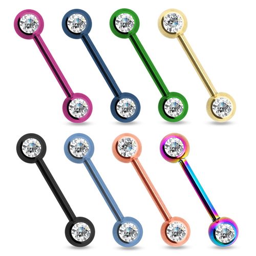 Barbell piercing 1.6mm - 6mm kulor med frontade klara crystals (14mm)