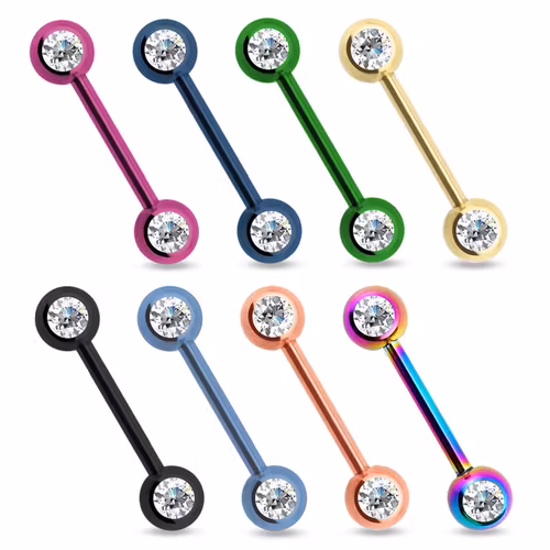 Barbell piercing 1.6mm - 6mm kulor med frontade klara crystals (14mm)