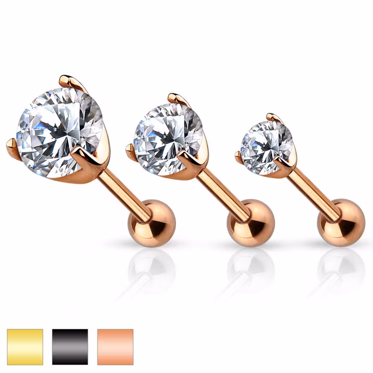 Tragus / helix Barbell med prong-set klar cubic zirconia