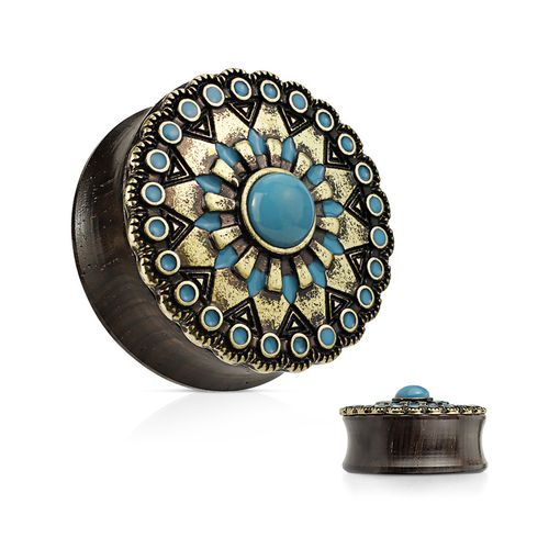 Träplugg med tribalsköld och turquoise sten