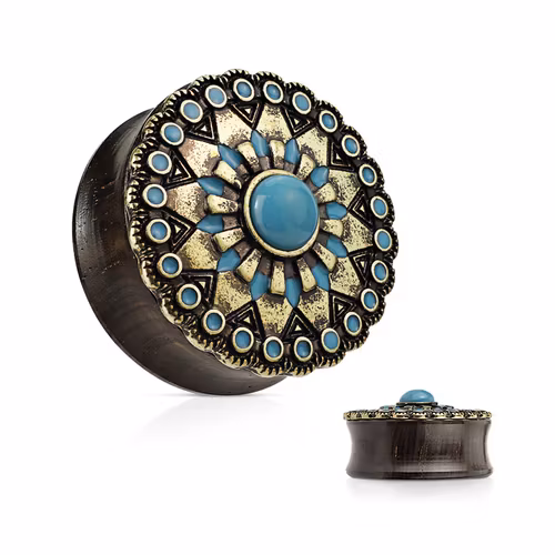 Träplugg med tribalsköld och turquoise sten