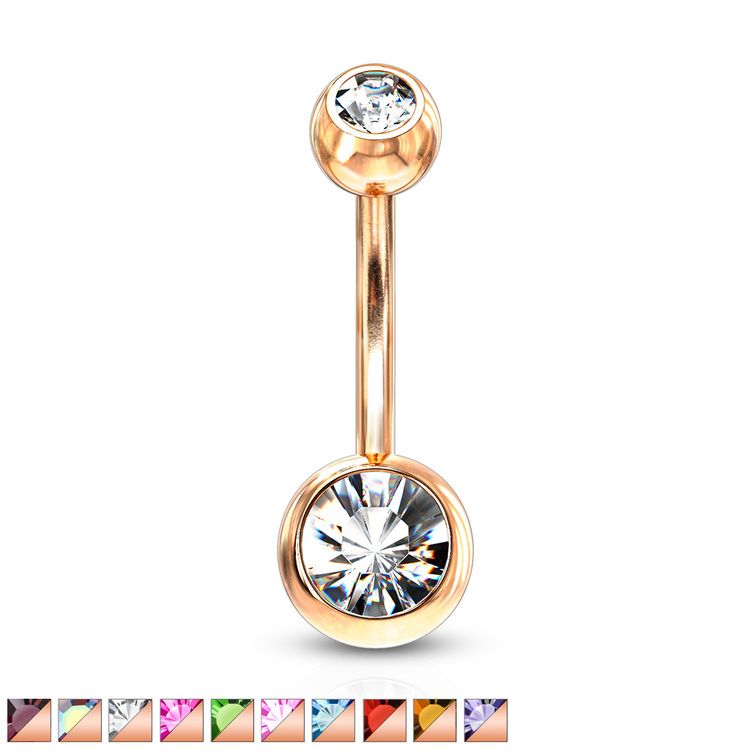 Navelsmycke 1.6mm roséguld PVD-pläterad kirurgiskt stål med 5 och 8mm crystalkulor