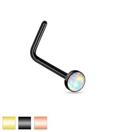 PVD-Pläterad Näspiercing "L-böjd" 0.8mm med 2.5mm vit opal