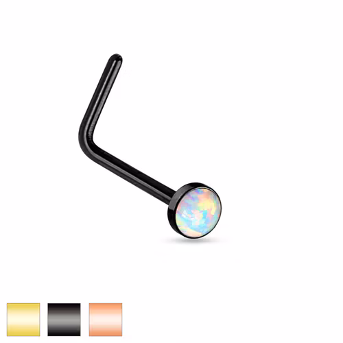 PVD-Pläterad Näspiercing "L-böjd" 0.8mm med 2.5mm vit opal