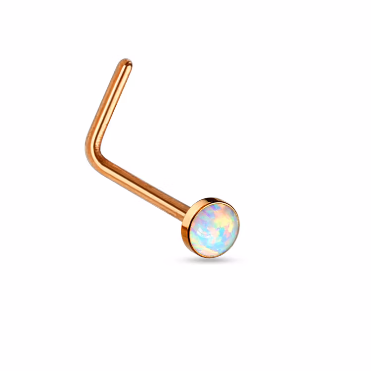 PVD-Pläterad Näspiercing "L-böjd" 0.8mm med 2.5mm vit opal
