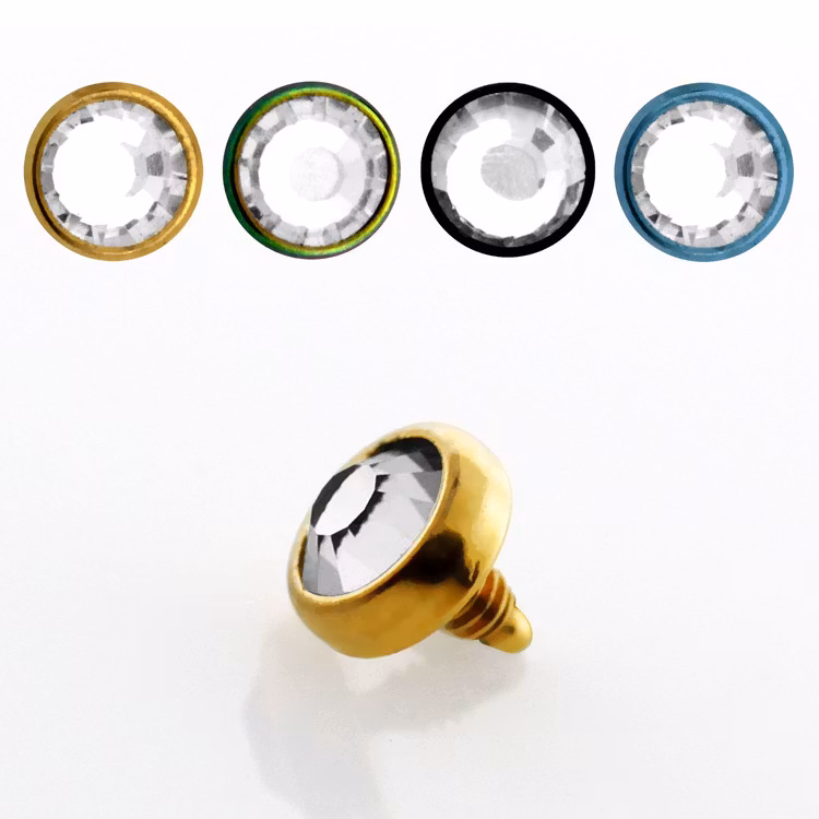 Dermal piercing 4mm topp i PVD-pläterad kirurgiskt stål med klar crystal