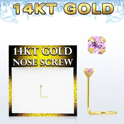 Nässmycke "nose screw" 0.6mm i äkta 14 karat guld med rosa sten