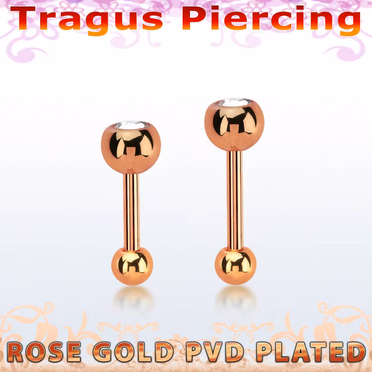 Tragus barbell 1.2mm roséguld med 4mm crystalkula