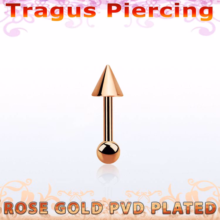 Tragus barbell 1.2mm roséguld med 4mm kon
