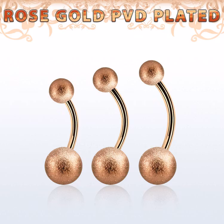 Banana / navelsmycke i roséguld PVD-pläterad kirurgiskt stål utvändigt gängad med 5mm och 8mm frostade kulor
