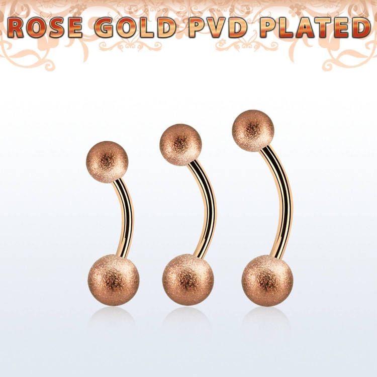 Banana / navelsmycke roséguld PVD-pläterad kirurgiskt stål utvändigt gängad med 5mm och 6mm frostade kulor
