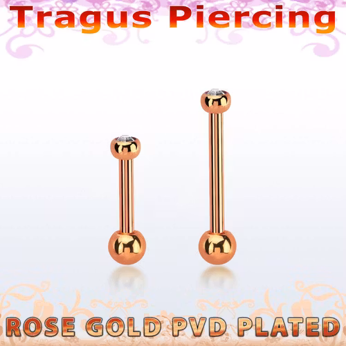 Roséguldpläterad tragus barbell 1.2mm med 2.5mm kula med crystal