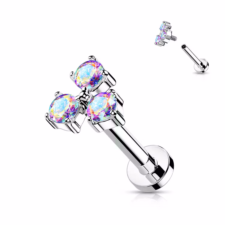 Labret i titanium 1.2mm med 3 cubic zirconia i triangel