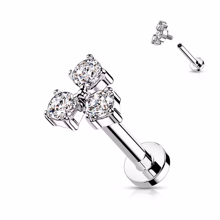 Labret i titanium 1.2mm med 3 cubic zirconia i triangel