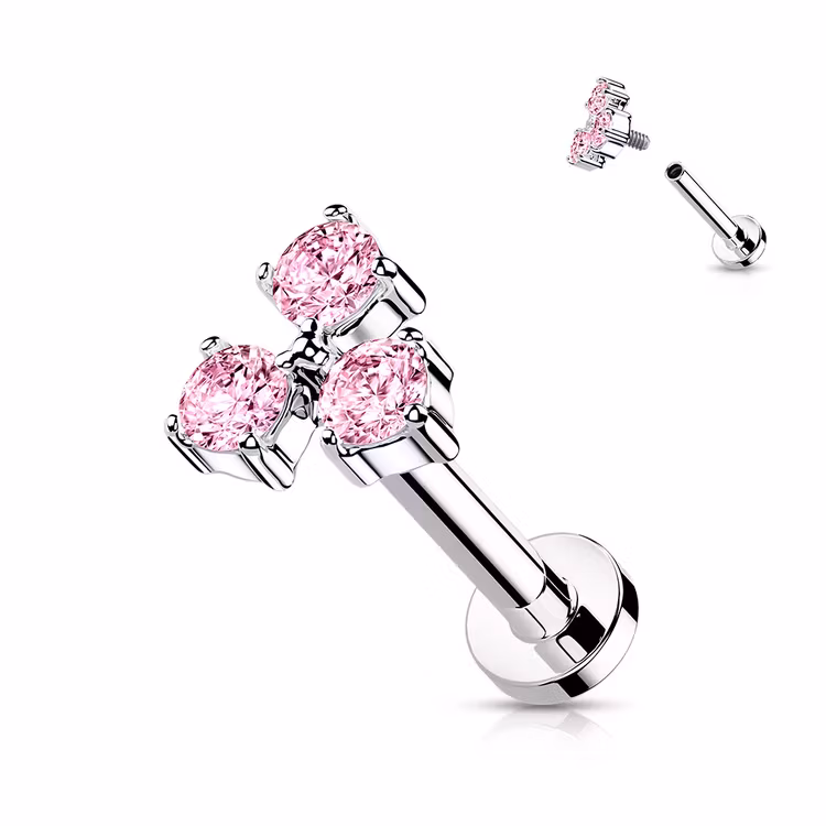 Labret i titanium 1.2mm med 3 cubic zirconia i triangel
